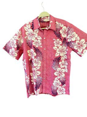 Vintage Malihini Hawaii Red Hawaiian Floral Button-Down Shirt Made In Hawaii Siz